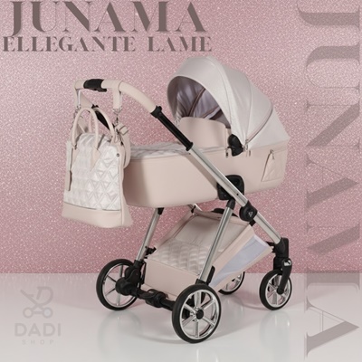 Wózek dziecięcy Junama Ellegante Lame 01 Pink 4w1, błyszczący, wielofunkcyjny, dla dziewczynki. Luksusowa gondola i torba na chromowanym stelażu.