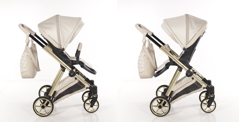 Wózek dziecięcy Junama Ellegante Lame. Komfortowa spacerówka z przekładanym siedziskiem. Beżowy odcień, regulowana rączka, żelowe koła. Idealny wózek dla wymagających rodziców!