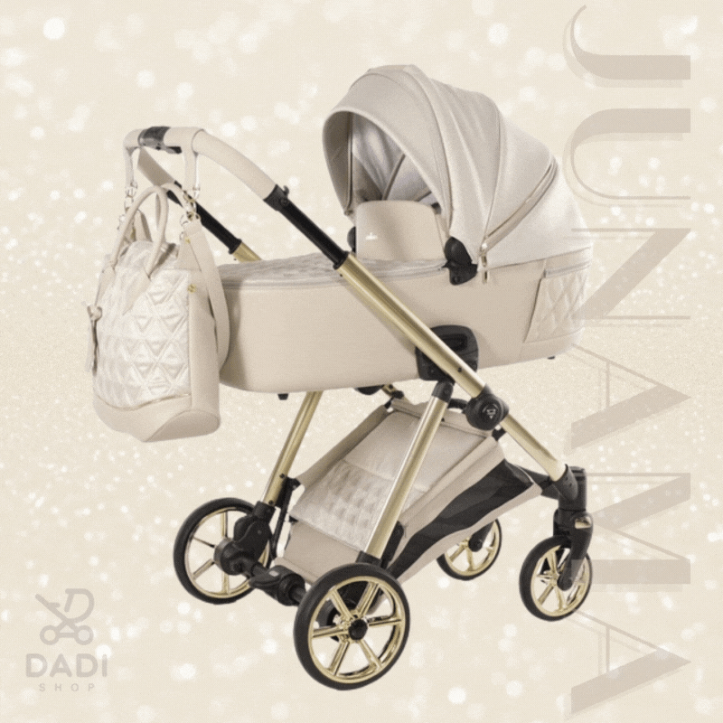 Wózek Junama Ellegante Lame 02 Beige. Trzy zdjęcia gondoli przeskakują, prezentując wózek z różnych perspektyw.