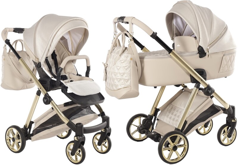 Stylowe ujęcie wózka Junama Ellegante Lame 2w1 w kolorze beżowo-złotym, prezentujące wersję z gondolą i spacerówką.