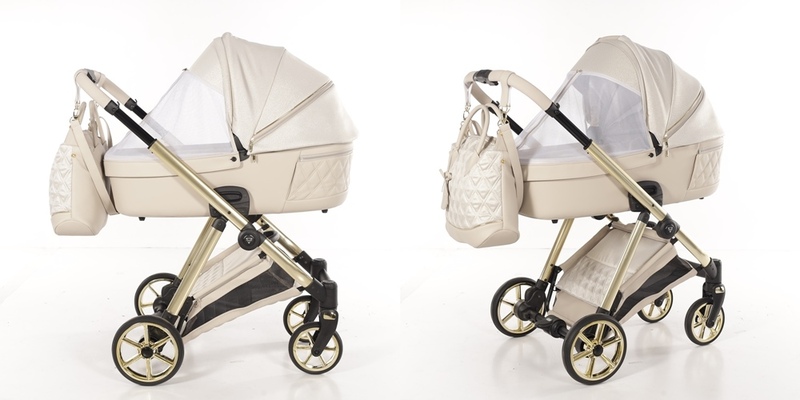 Wózek Junama Ellegante Lame 02 Beige. Porównanie widoków bocznych gondoli: z rozłożoną moskitierą. Złoty stelaż.