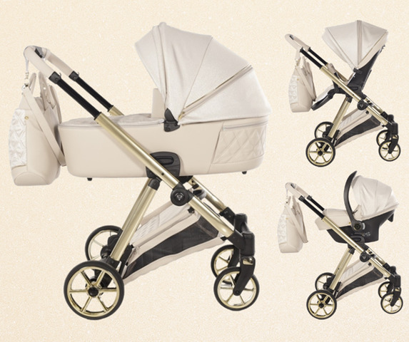 Junama Ellegante Lame 02 Beige zestaw 3w1. Widoczna gondola, spacerówka i fotelik (nosidełko) na złotym stelażu.