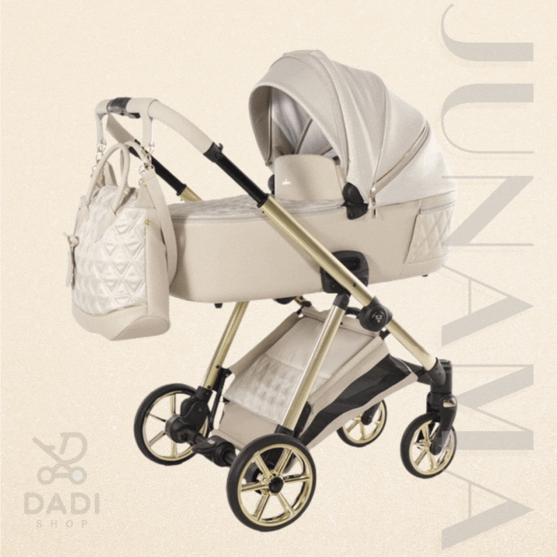 GIF 3w1 Junama Ellegante Lame 02 Beige. Prezentacja elementów: gondola, spacerówka i fotelik samochodowy na złotym stelażu.