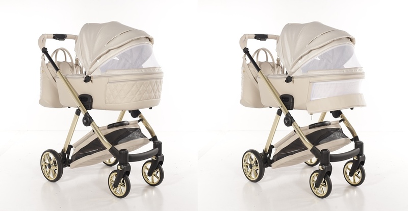 Junama Ellegante Lame Beige 2w1. Luksusowy wózek głęboko-spacerowy z funkcjonalną gondolą i systemem wentylacji. Nowoczesny design, amortyzacja, łatwy w prowadzeniu. Bezpieczny dla dziecka.