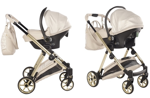 Wózek Junama Ellegante Lame 02 Beige z fotelikiem samochodowym. Prezentacja z różnych stron. Złoty stelaż i dopasowana torba.