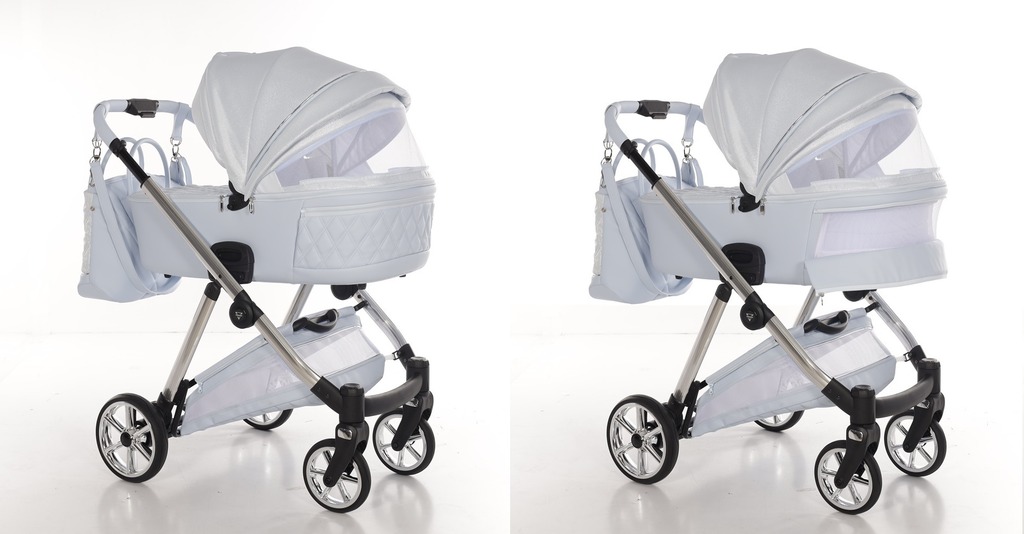 Porównanie wentylacji gondoli wózka Junama Ellegante Lame 03. Lewa: zamknięty panel. Prawa: otwarte panele siateczkowe w budce i tylnej części.