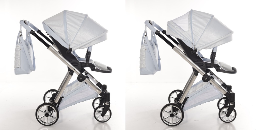 Kolaż wentylacji spacerówki Junama Ellegante Lame 03. Lewa: budka zamknięta. Prawa: ta sama budka z odsłoniętym panelem wentylacyjnym z siatki.