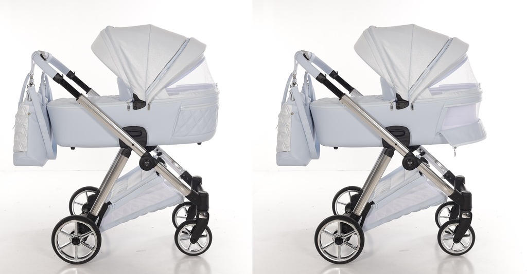 Dwa ujęcia tyłu wózka Junama Ellegante Lame 03. Lewa: wentylacja zasłonięta. Prawa: odsłonięte duże, siatkowe okno wentylacyjne w gondoli.