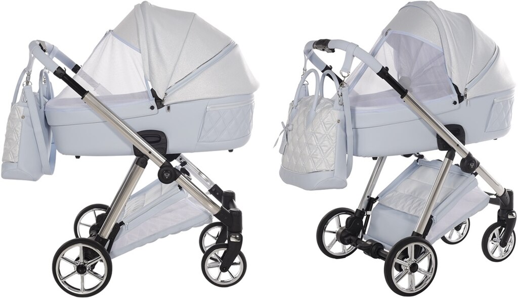 Kolaż gondoli Junama Ellegante Lame 03. Lewa: budka z odsłoniętym dużym panelem wentylacyjnym (biała siatka). Prawa: ta sama budka w pełni zamknięta.