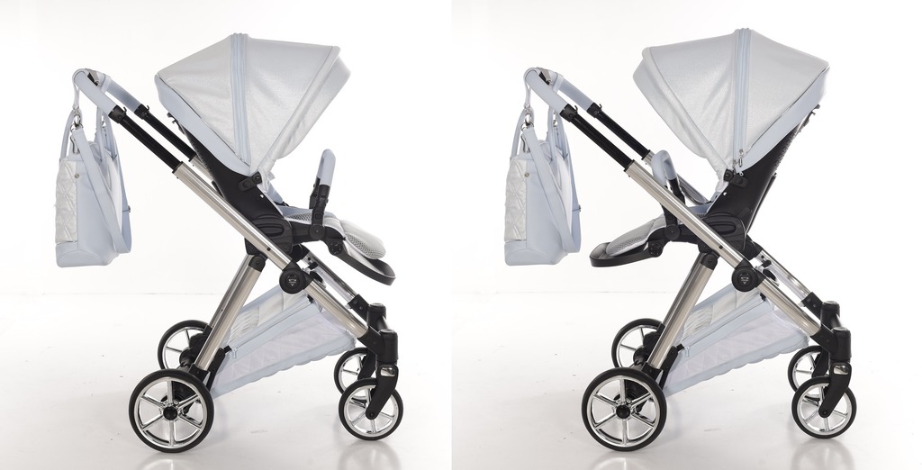 Kolaż wózka Junama Ellegante Lame 03 (light blue), pokazujący przekładane siedzisko. Lewa: tyłem do kierunku jazdy. Prawa: przodem do kierunku jazdy.