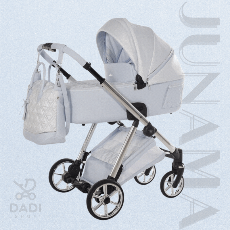 Wielofunkcyjny wózek Junama Ellegante Lame 03 Light Blue: gondola, spacerówka i fotelik Avionaut Cosmo na srebrnym stelażu 3w1.