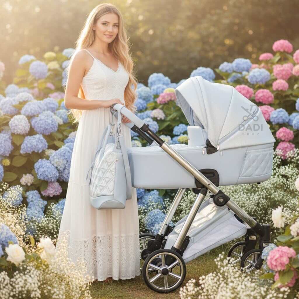 Elegancka kobieta w białej sukni stoi w ogrodzie pełnym hortensji. Trzyma jasnoniebieski wózek-gondolę Junama Ellegante Lame 03 z błyszczącą budką i torbą.
