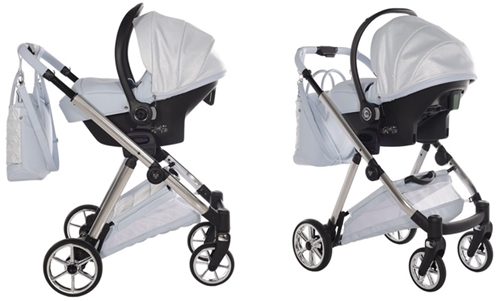 Dwa ujęcia wózka Junama Ellegante Lame 03 Light Blue: fotelik samochodowy wpięty na srebrny stelaż z błyszczącymi elementami Lame.