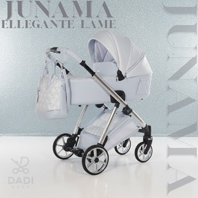 Wózek Junama Ellegante Lame 03 Light Blue 4w1. Błękitna gondola i torba na srebrnym stelażu, tło brokatowe.