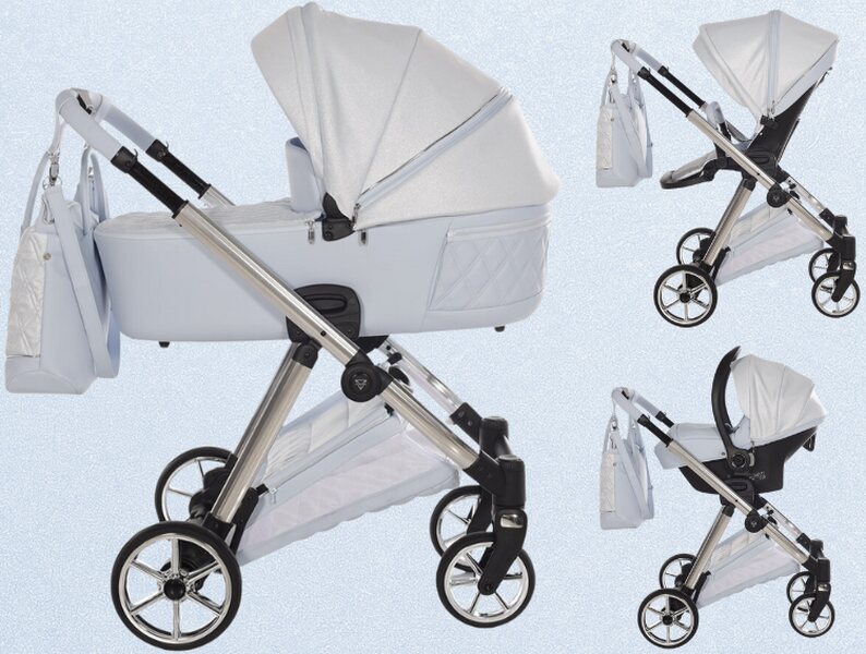 Kolaż wózka Junama Ellegante Lame 03 w kolorze Light Blue. Prezentacja zestawu 3w1: duża gondola, siedzisko spacerowe i fotelik samochodowy na srebrnym stelażu.