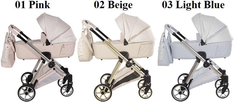 Trzy warianty Junama Ellegante Lame (gondola): 01 Różowy (srebrny stelaż), 02 Beżowy (złoty stelaż) i 03 Jasnoniebieski (srebrny stelaż).