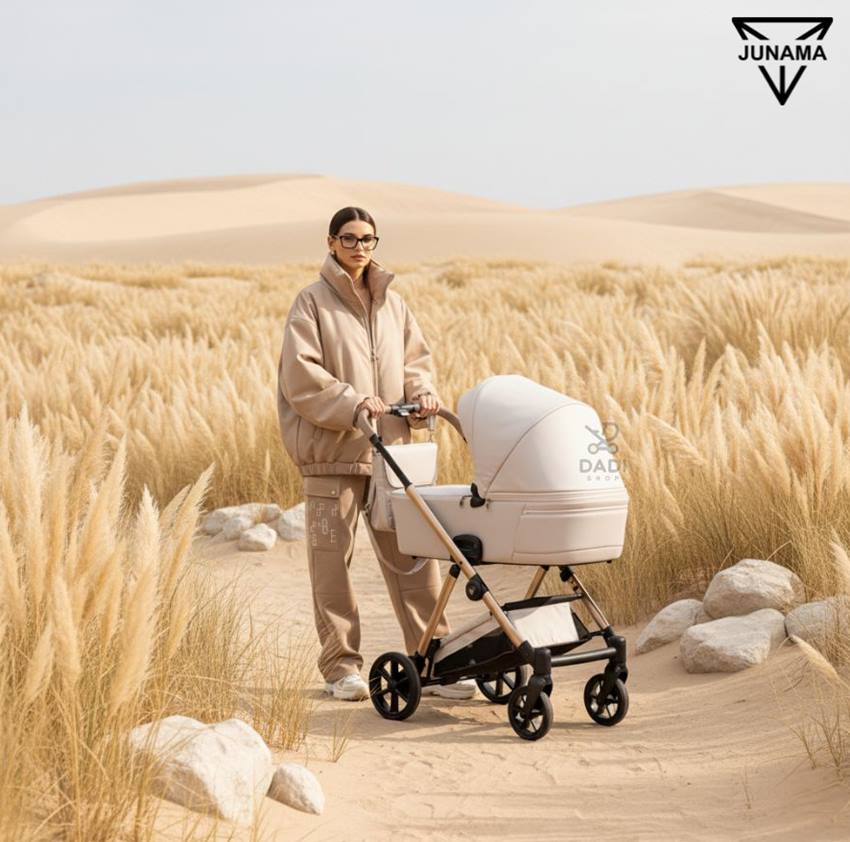 Junama Elegante 4w1 02 Beige – wózek dziecięcy podczas spaceru z mamą, minimalistyczny beżowy design, Dadi-Shop