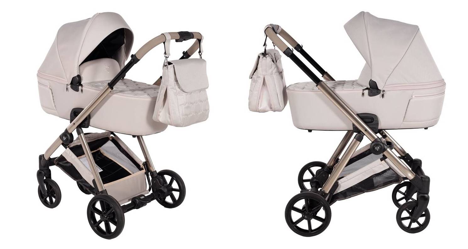 Junama Ellegante 3w1 02 Beige – prezentacja gondoli wózka dziecięcego z przodu i z boku, dostępnego w Dadi-Shop.