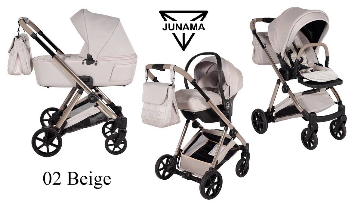 Wózek dziecięcy 3w1 Junama Ellegante 02 Beige – gondola, spacerówka i fotelik, elegancki zestaw dla niemowlaka dostępny w Dadi-Shop.
