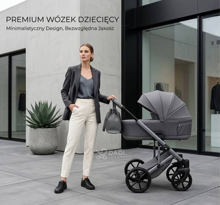 Kobieta spaceruje z wózkiem Junama Ellegante Termo 01 Grey przy nowoczesnym miejskim butiku.