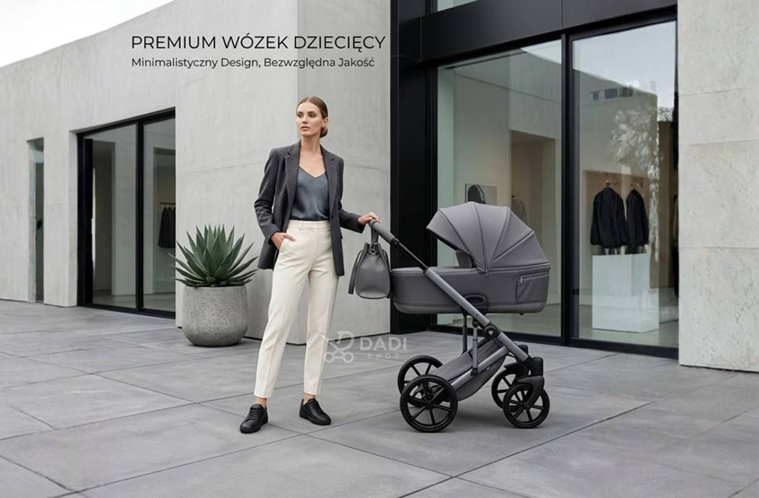 Wózek 3w1 Junama Ellegante Termo 01 Grey podczas spaceru w nowoczesnym miejskim stylu.