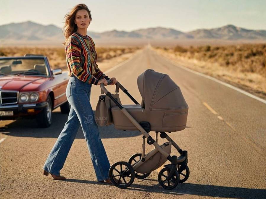 Woman with stroller walking on desert road mountains background editorial lifestyle
