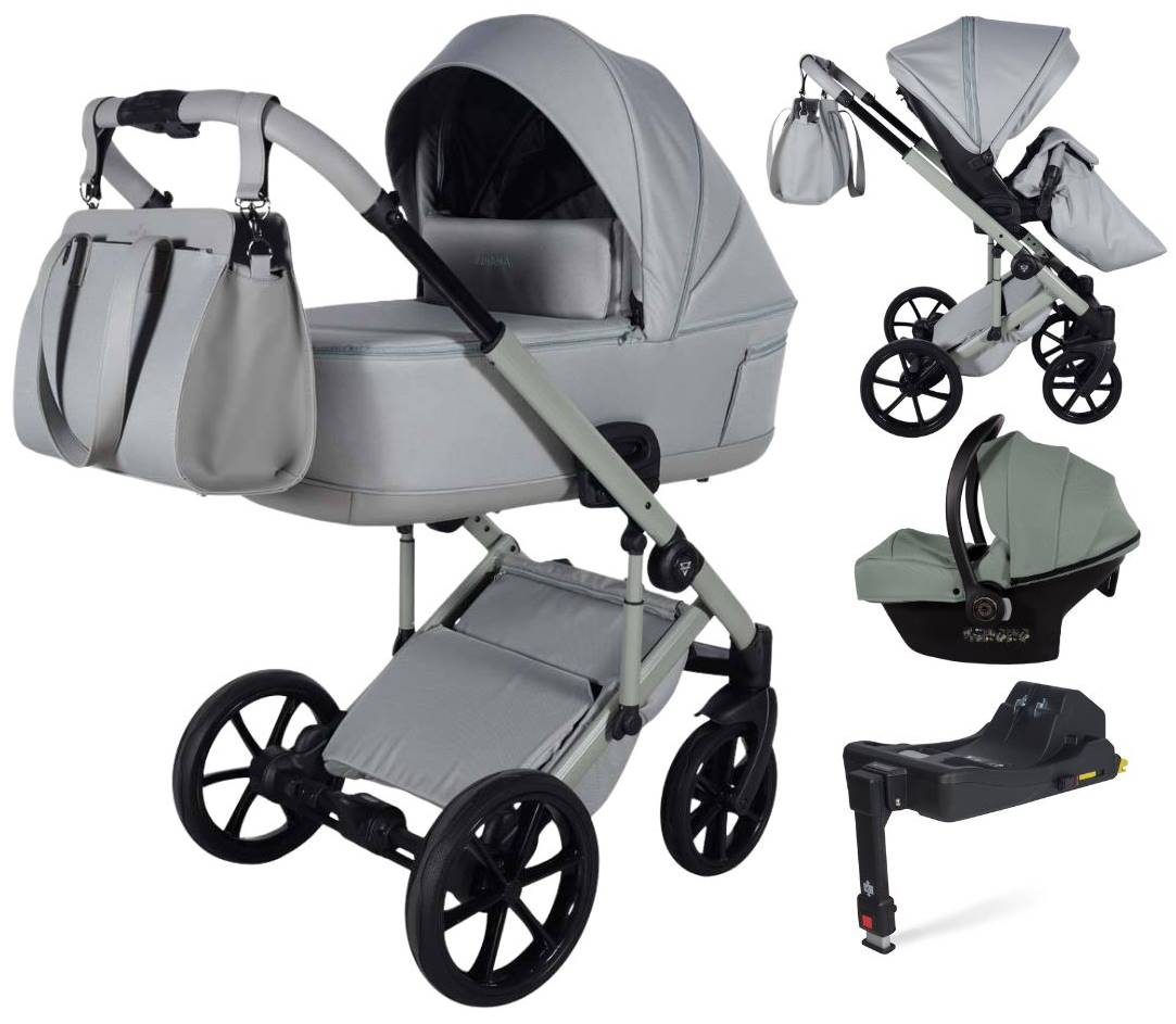 Wózek 4w1 Junama Ellegante Termo z czterema elementami: gondolą, spacerówką, fotelikiem i bazą isofix.