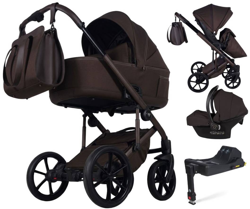 Wózek 4w1 Junama Ellegante Termo 05 Chocolate – kompletny zestaw: gondola, spacerówka, fotelik i baza ISOFIX w studio.
