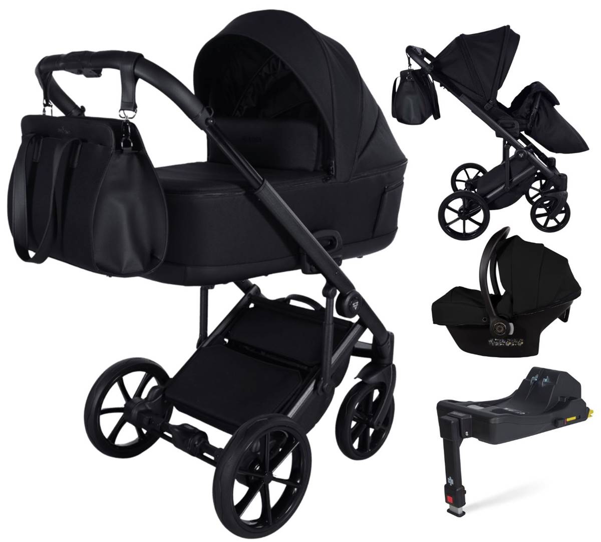 Zestaw 4w1 Junama Ellegante Termo 04 Black – gondola, spacerówka, fotelik i baza ISOFIX w jednym systemie premium.
