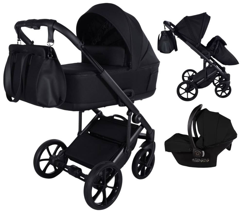 Junama 3 in 1 black stroller set with carrycot stroller and infant car seat studio