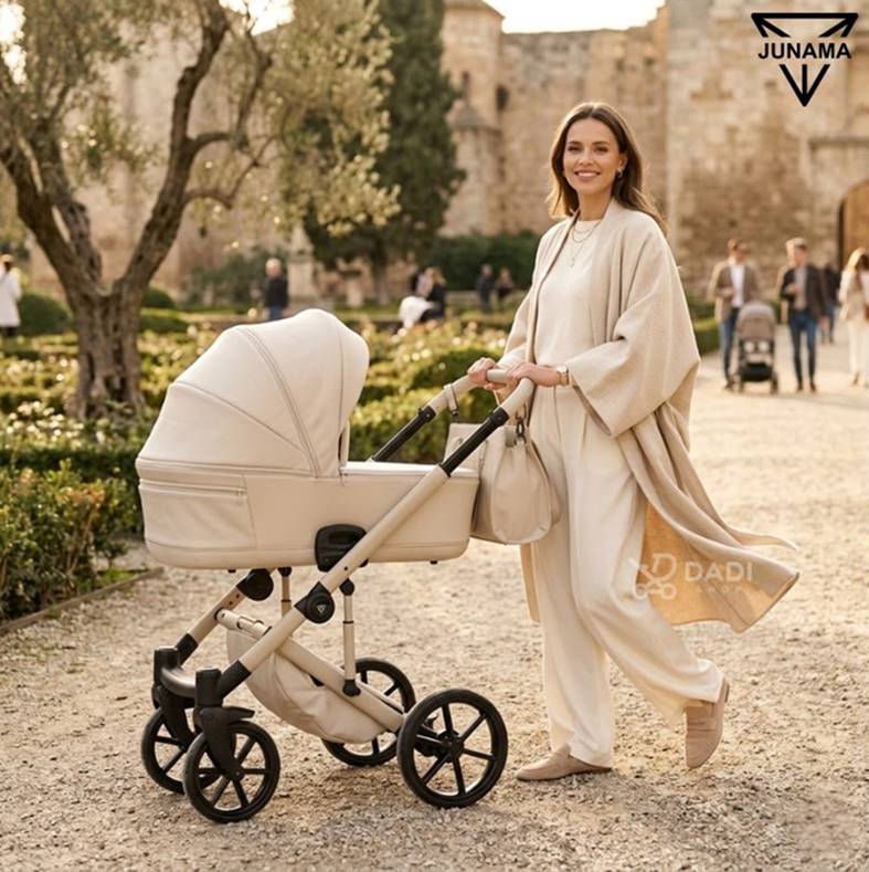 Junama Termo Ellegante 2w1 cream pram set Light Beige – complete luxury baby pram with bassinet, stylishly presented in an outdoor historic setting.