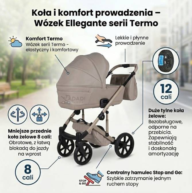Zalety techniczne wózka Junama Ellegante Termo: bezobsługowe koła, hamulec stop and go i stabilny stelaż z amortyzacją - infografika
