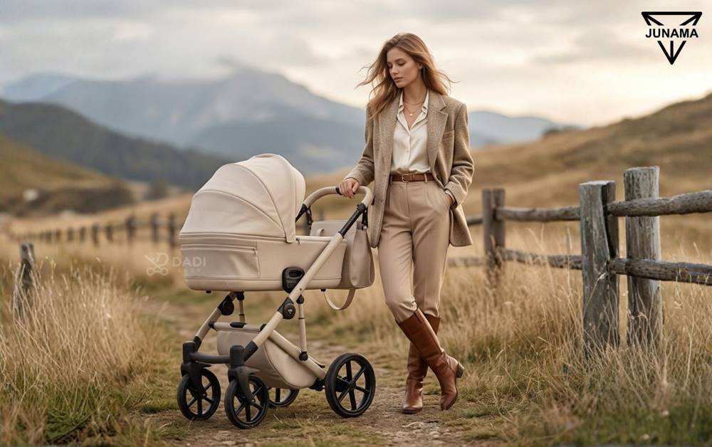 Elegancka mama spaceruje z wózkiem Junama Termo Ellegante 3w1 w jasnym beżu