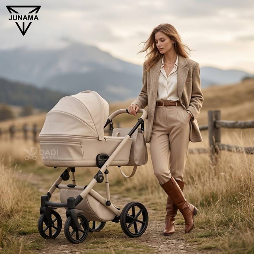 Junama Termo Ellegante 3w1 w kolorze Light Beige – elegancka mama z wózkiem w plenerze