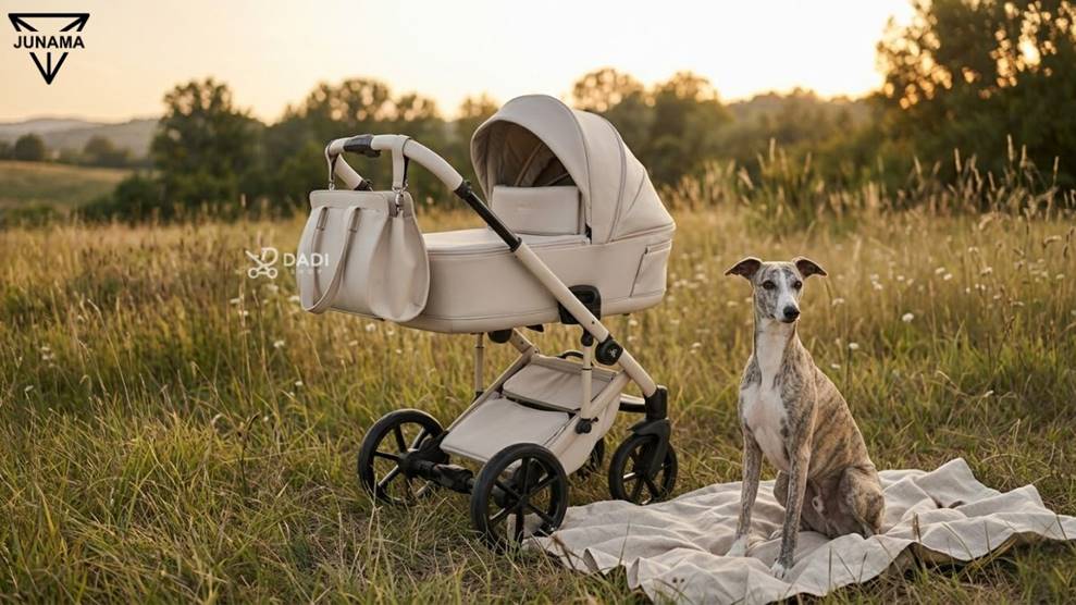 Wózek dziecięcy Junama Termo Ellegante 3w1 w plenerze podczas pikniku z psem