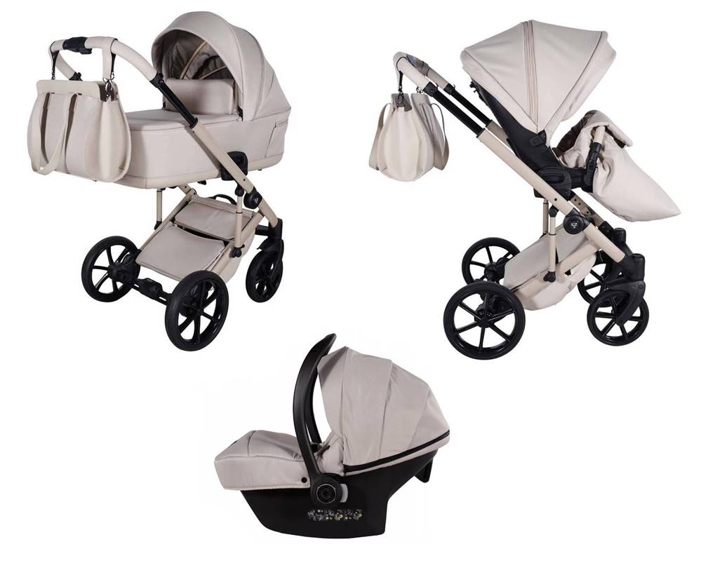 Junama Ellegante Termo 3w1 beżowy – pełny zestaw wózka z gondolą, spacerówką i fotelikiem samochodowym