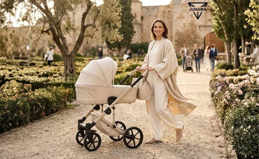 Wózek 4w1 Junama Termo Ellegante 02 Light Beige w stylu lifestyle podczas spaceru w naturalnym otoczeniu.