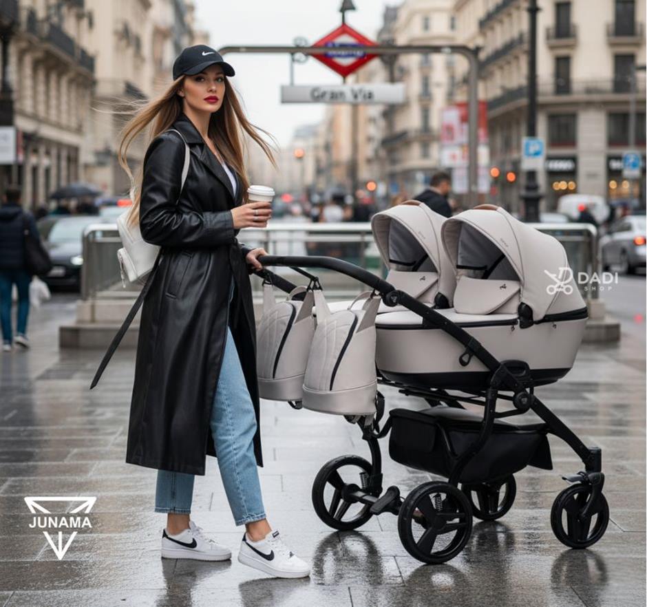 Junama Space Duo twin pram in urban setting, showcasing easy maneuverability and modern design. Dadi-shop