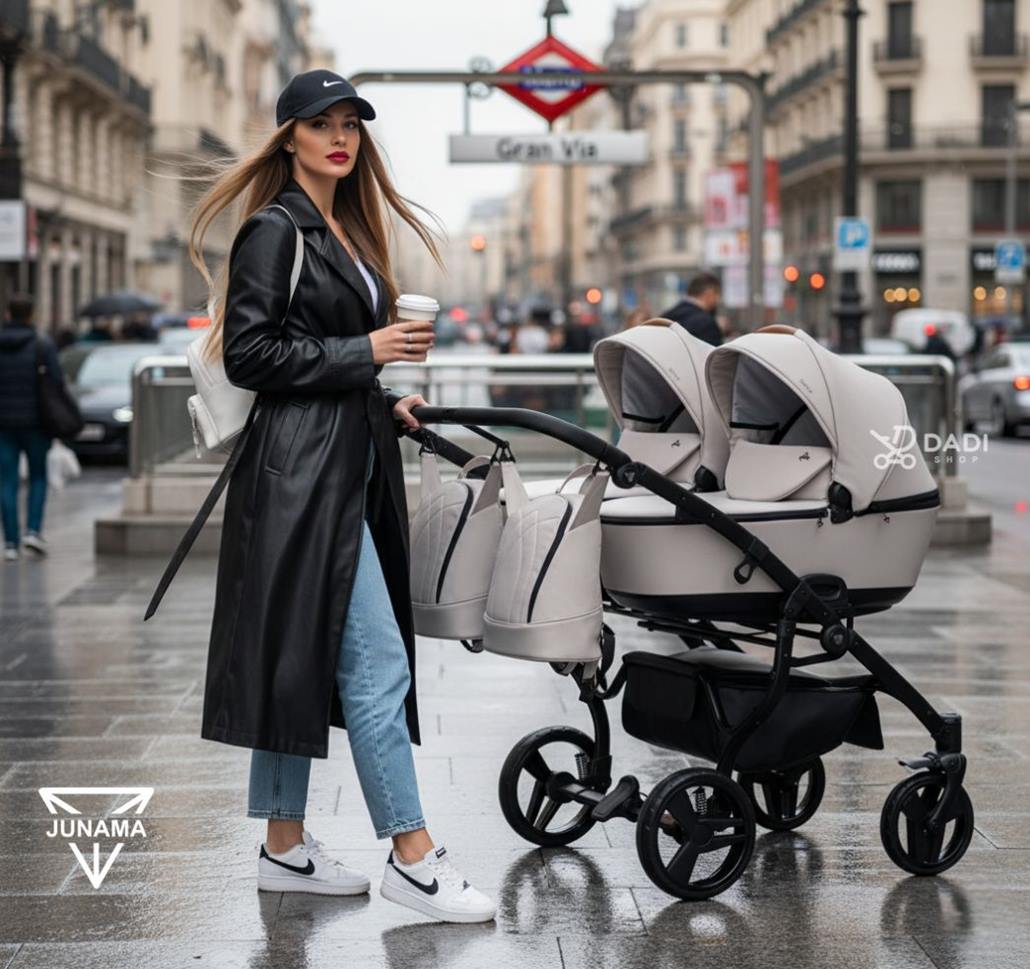 Double twin pram Junama Space Duo Beige 02 – side-by-side stroller for twins on a city walk, comfortable and stylish, Dadi Shop.