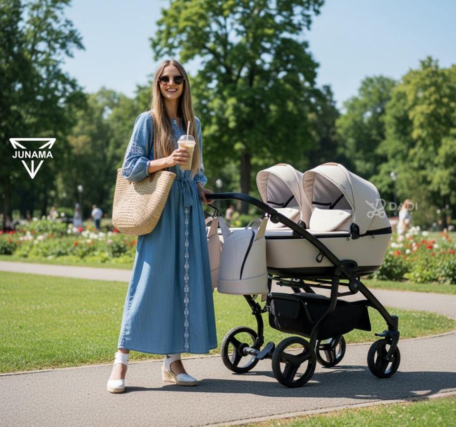 Junama Space Duo 3w1 – mama na wiosennym spacerze z wózkiem dla bliźniąt, Dadi Shop.
