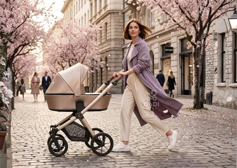 Kunert Brav wózek dziecięcy 3w1 cappuccino eco skóra – elegancki spacer z mamą na wiosennej ulicy