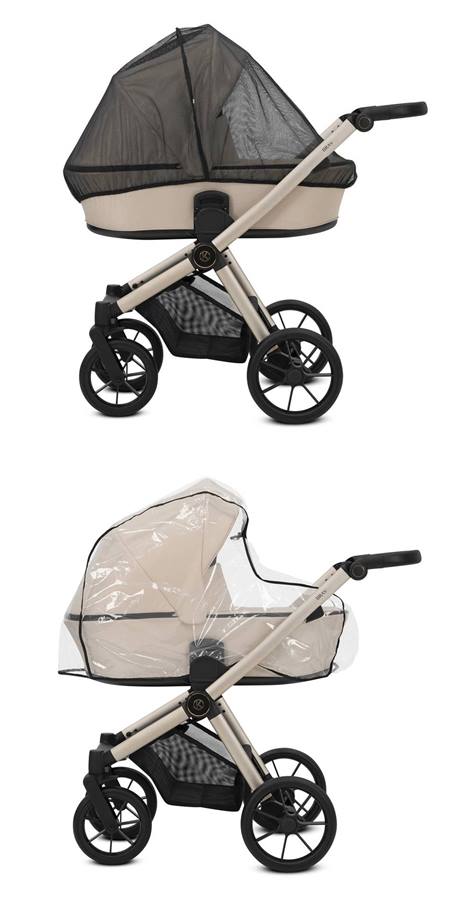 Moskitiera i folia przeciwdeszczowa do wózka BRAV chronią dziecko przed owadami i niesprzyjającą pogodą.