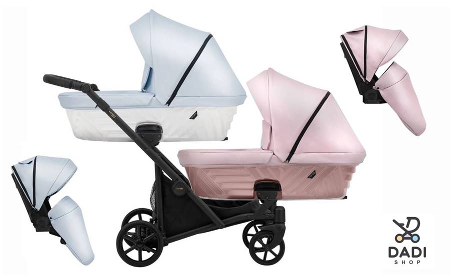 Różnokolorowe gondole i spacerówki w wózku bliźniaczym Kunert Ivento Duo - róż i błękit