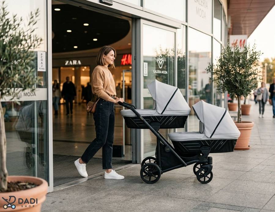 Mama wychodząca ze sklepu z wózkiem bliźniaczym Kunert Ivento Duo 3w1 w układzie tandem – łatwe manewrowanie nawet w galerii handlowej.