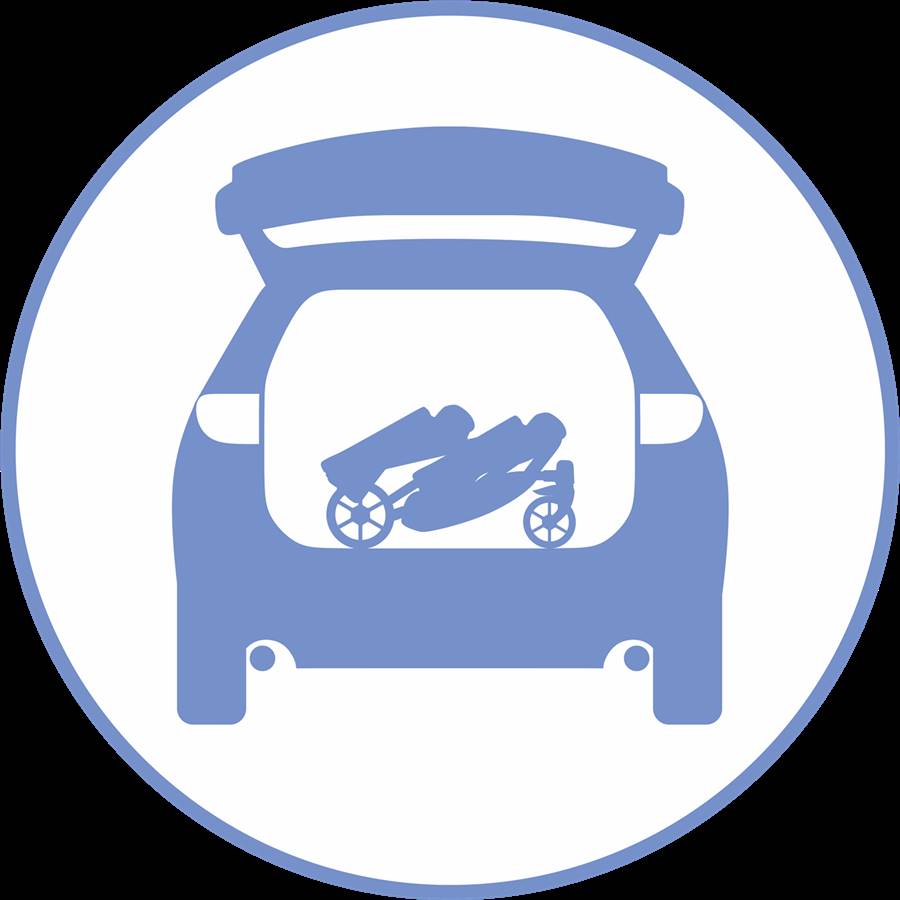 Ikona prezentująca kompaktowy wózek rok po roku Kunert Ivento po złożeniu w bagażniku samochodu. Łatwość transportu.