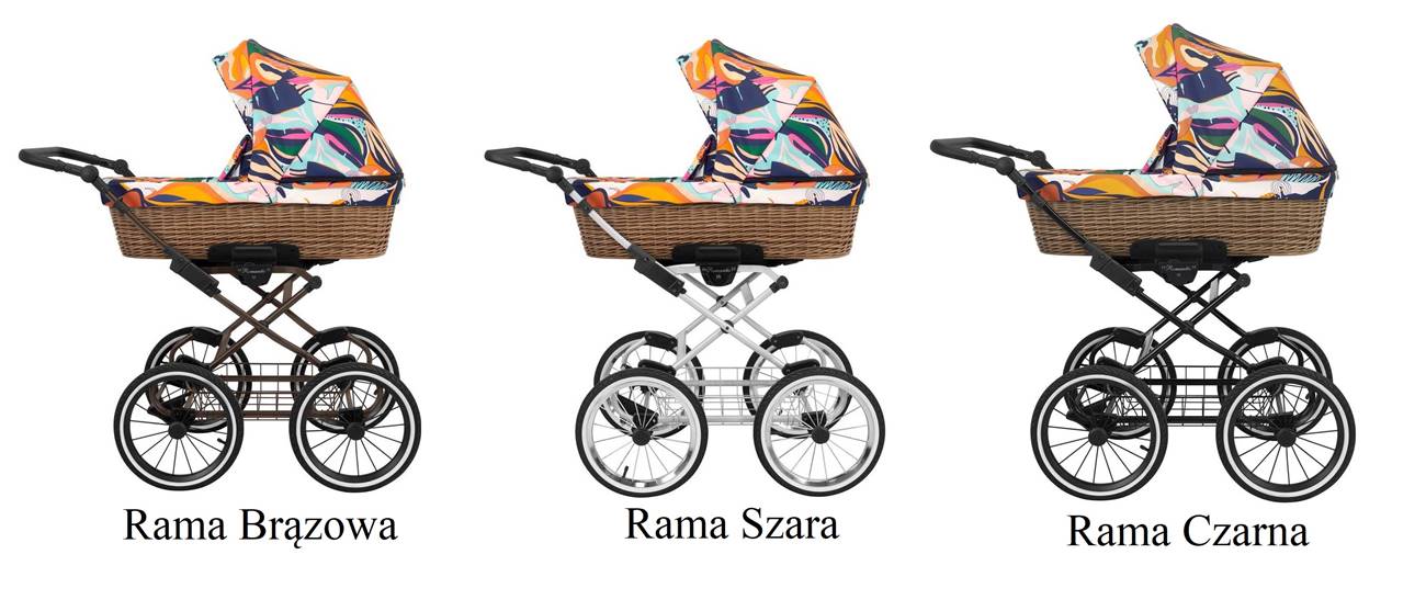 Prezentacja wariantów kolorystycznych ramy wózka Romantic Classic: brązowej, szarej i czarnej , tapicerka w kolorze 01 print
