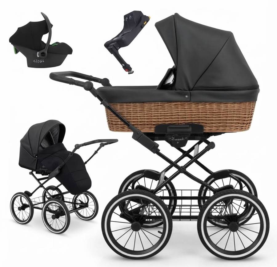 KUNERT Romantic Classic 4w1 Czarny Eco 11 – gondola, spacerówka, fotelik COSMO i baza Avionaut Dock 2