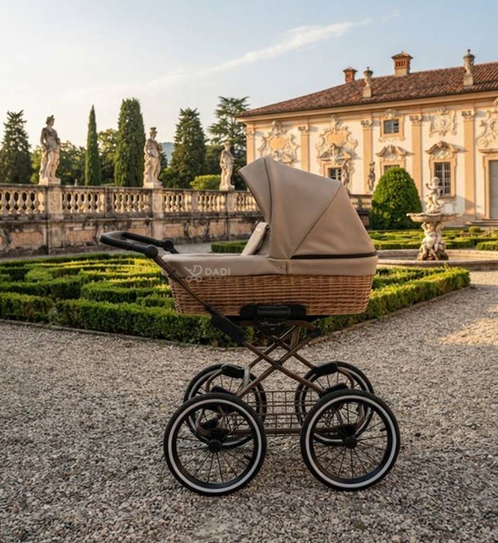 wózek dziecięcy w stylu retro z wiklinową gondolą i beżową budką, stojący na żwirowej ścieżce w ogrodzie włoskim barokowego pałacu, widok z boku.