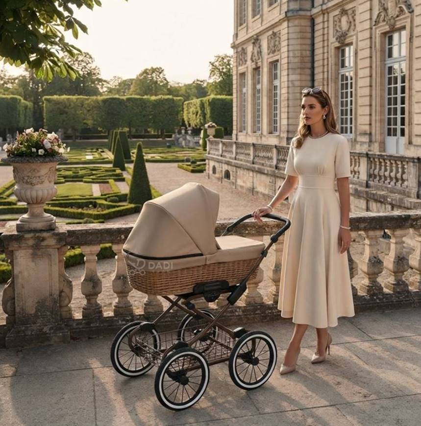 Elegancki wózek retro Dadi z wiklinową gondolą i beżową tapicerką na tarasie pałacu. Obok stoi kobieta w kremowej sukience i okularach.