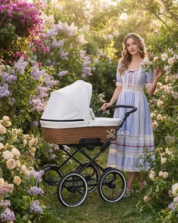 Chic woman in a vintage garden dress next to a Kunert Romantic Classic stroller with white wicker bassinet, black frame, and classic wheels outdoors.